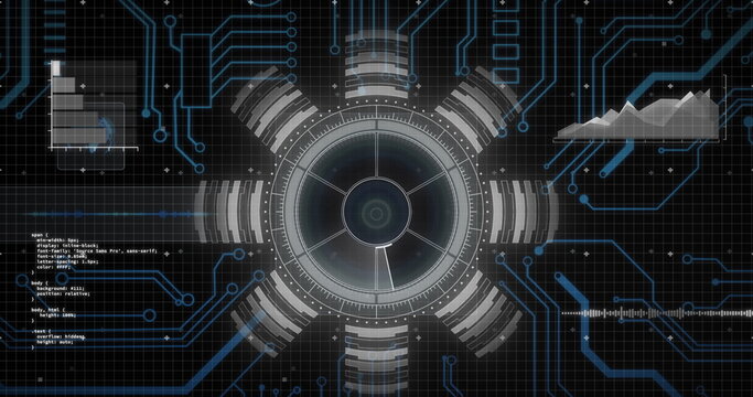 Image of motherboard and circular scanner processing data on interface with black background