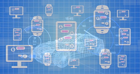 Fototapeta na wymiar Image of desktop showing online ai chat processing on electronic devices over 3d car drawing
