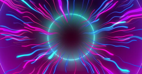 Image of blue and pink neon light trails and circles over black background