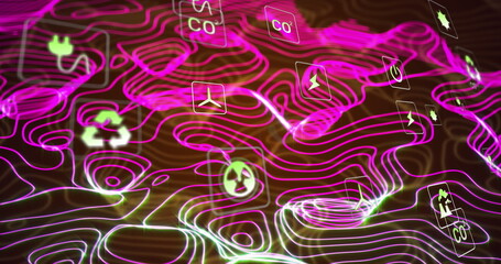 Image of eco icons and data processing and network of connections