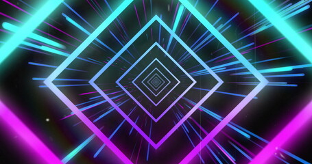 Obraz premium Image of blue neon light trails and squares over black background
