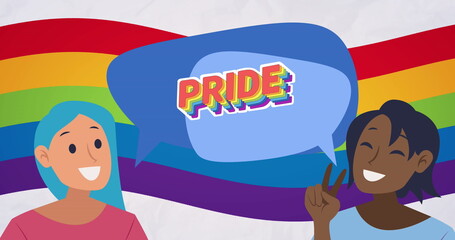 Image of rainbow pride text and two women over rainbow background