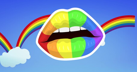 Image of rainbow lips over rainbow on blue background