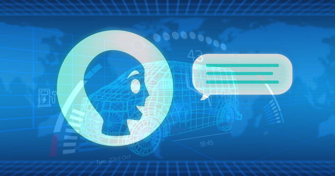 Image of online ai chat processing over 3d car drawing and world map - Powered by Adobe