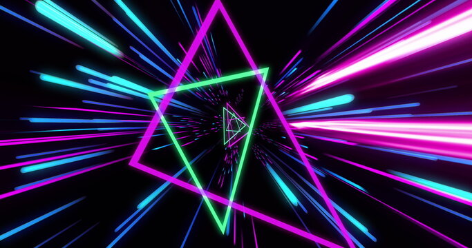 Image of blue neon light trails and triangles over black background