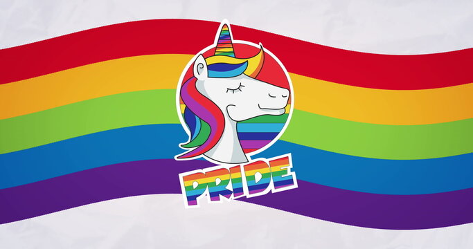 Fototapeta Image of rainbow pride text and unicorn over rainbow background