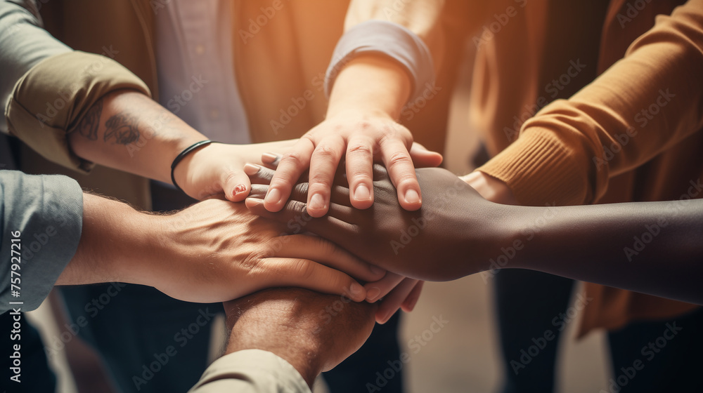 Poster building bridges: people from various backgrounds unite with stacked hands