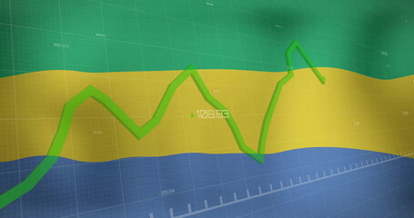 Image of green graph processing data over flag of gabon