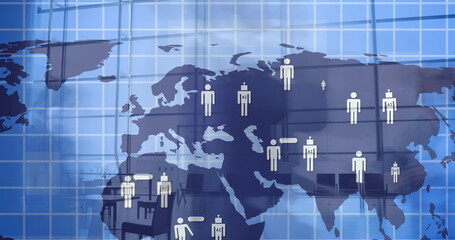 Image of online chat icons and data processing over world map and people walking