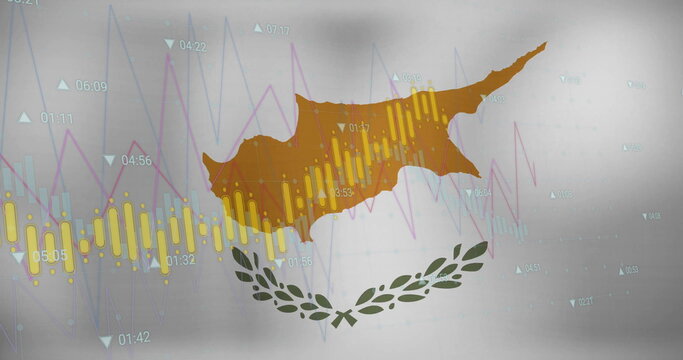 Naklejki Image of graphs processing data over flag of cyprus