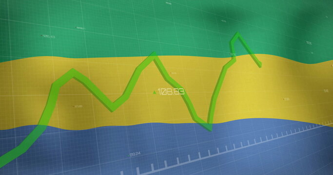 Naklejki Image of green graph processing data over flag of gabon