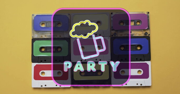 Image of party text and beer over tape on green background
