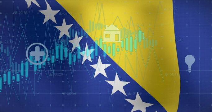 Naklejki Image of graphs, data and energy icons over flag of bosnia and herzegovina