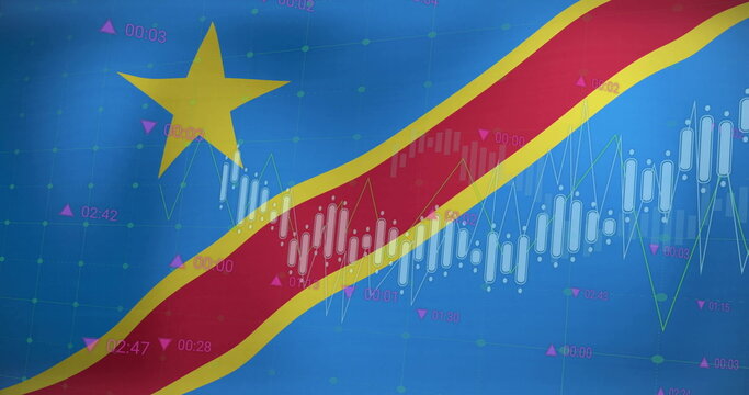 Naklejki Image of graphs processing data over flag of democratic republic of the congo