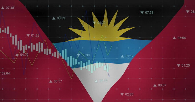 Naklejki Image of graphs processing data over flag of antigua and barbuda