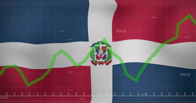 Naklejki Image of green graph processing data over flag of dominican republic