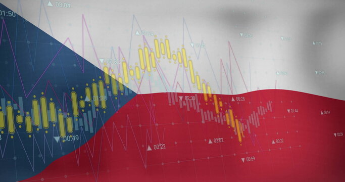 Naklejki Image of graphs processing data over flag of czechia