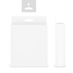 Hanging packaging box mockup for electronic and mobile accessories. Front and side views. Vector illustration isolated on white background. Ready and simple to use for your design. EPS10.