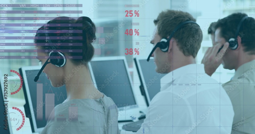 Poster multi-ethnic call center workers with stats and graphs overlay, smiling at the camera.