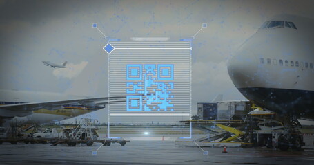 Image of a blue QR code over an airplane taking off in the background digital composite image - Powered by Adobe