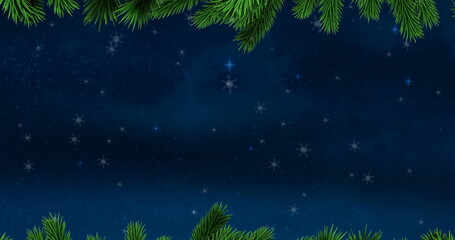 Image of snow falling with fir tree branches and copy space over stars and night sky