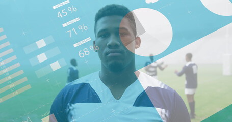Image of statistics and data processing over biracial rugby player