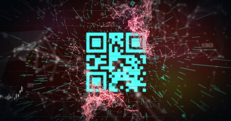 Image of a blue QR code with webs of connection over a blue graph appearing on red background