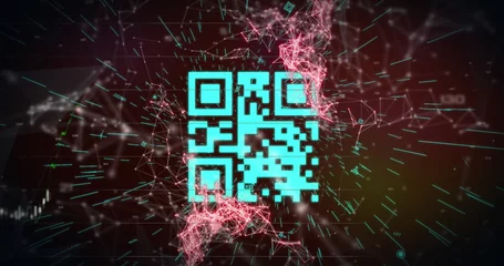 Poster Image of a blue QR code with webs of connection over a blue graph appearing on red background © vectorfusionart