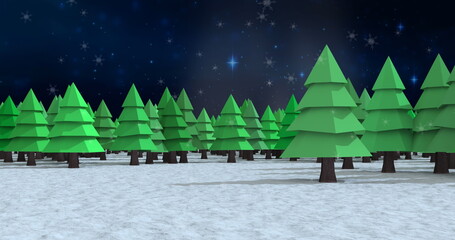 Obraz premium Snow falling over multiple trees on winter landscape against blue shining stars in night sky