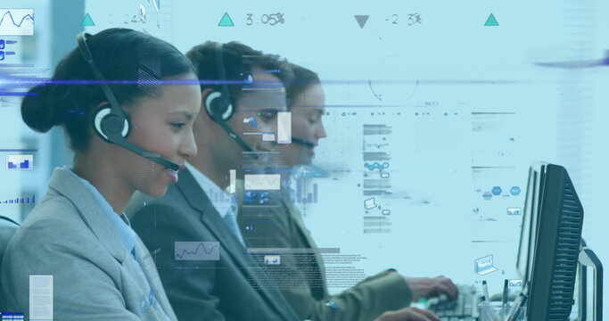 Digital composite image shows diverse call center workers with data graphs overlay.