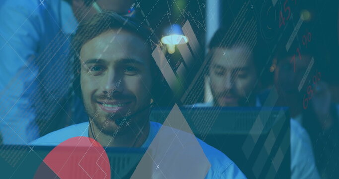 Data processing visuals overlay a diverse call center team in action.