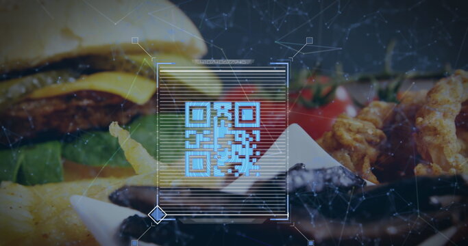 Image of a blue QR code with a web of connections over a fast food meal on a table digital composite - Powered by Adobe