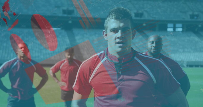 Image of statistics and data processing over diverse rugby players - Powered by Adobe