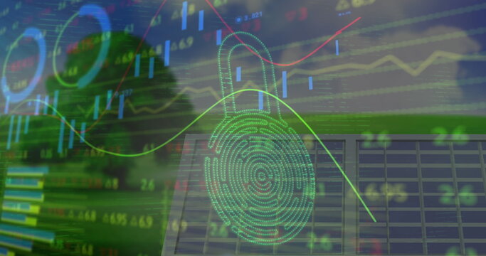Image of digital padlock, financial data and graphs over solar panels
