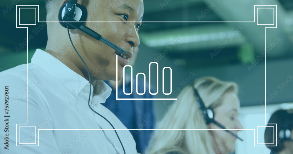 Poster multi-ethnic call center team works under a graph in a digital composite image.