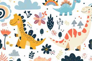 Obraz premium Colorful cartoon dinosaurs in a whimsical landscape. This vibrant image showcases playful cartoon dinosaurs in a variety of colors, surrounded by whimsical flora and other cute elements