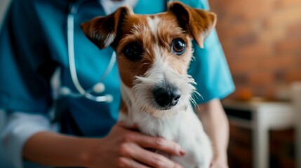 A veterinarian holds a small Jack Russell Terrier dog.