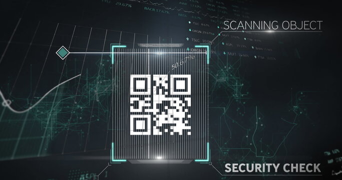 QR code scan with graphs and stats on a connected web, digital composite.