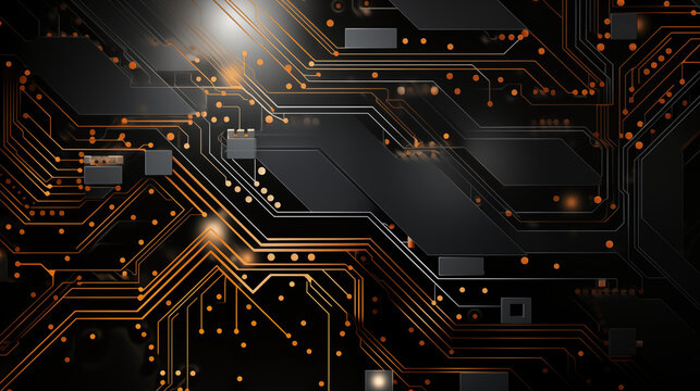 Dark Circuit Board with Luminous Orange Connections