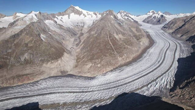 Aerial panorama of Great Aletsch Glacier (Grosser Aletschgletscher), the largest glacier in the Alps in Valais, Switzerland.