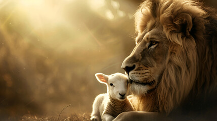 Symbols of Judaism include a lion and a lamb depicted against a golden backdrop