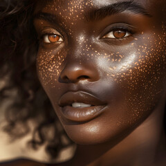 Fototapeta premium Close-Up of a Beautiful Suntanned Black Woman's Face generative ai