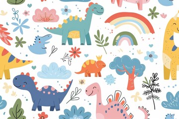 Fototapeta premium Colorful cartoon dinosaurs in a whimsical landscape. This vibrant image showcases playful cartoon dinosaurs in a variety of colors, surrounded by whimsical flora and other cute elements