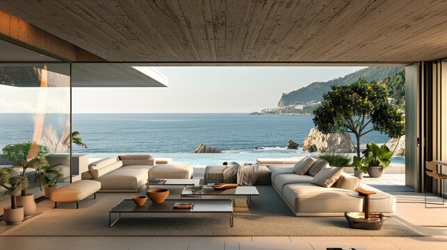 Modern living room interior design in a coastal style. Generative Ai