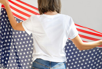 4th of July USA Independence Day , Girl Back White t shirt mock up. Copy space blank back t-shirt...