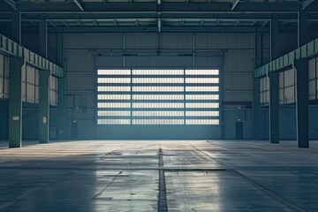A large hangar with a clear doorway and a bright blue sky outside