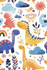 Colorful cartoon dinosaurs in a whimsical landscape. This vibrant image showcases playful cartoon dinosaurs in a variety of colors, surrounded by whimsical flora and other cute elements