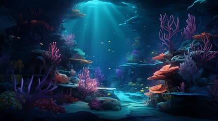 An underwater cave with coral reefs