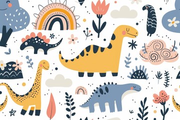 Obraz premium Colorful cartoon dinosaurs in a whimsical landscape. This vibrant image showcases playful cartoon dinosaurs in a variety of colors, surrounded by whimsical flora and other cute elements