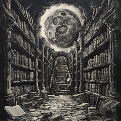Library of Priority. Within ancient walls tomes and scrolls are divided into realms of A - obrazy, fototapety, plakaty